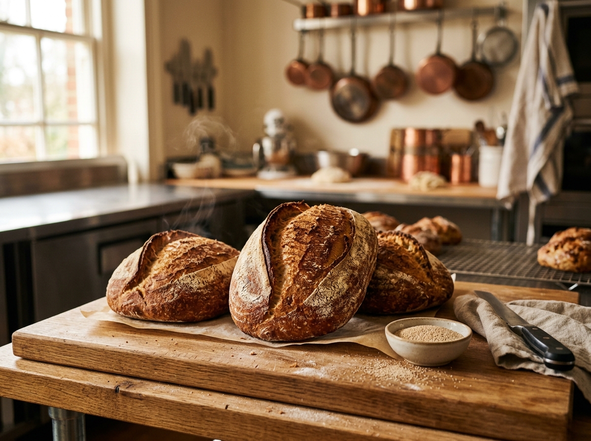 Fresh artisan bread loaves with dry yeast